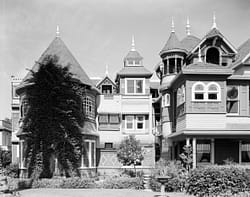 A view of the south end of the East Front of Winchester House in San Jose, California.